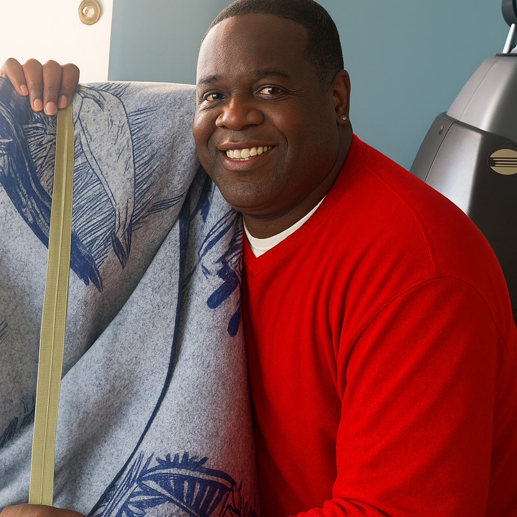 Smiling male mover in a red sweater holding a moving blanket, showcasing professional moving services and customer-friendly approach at Aim 2 Please Moving.
