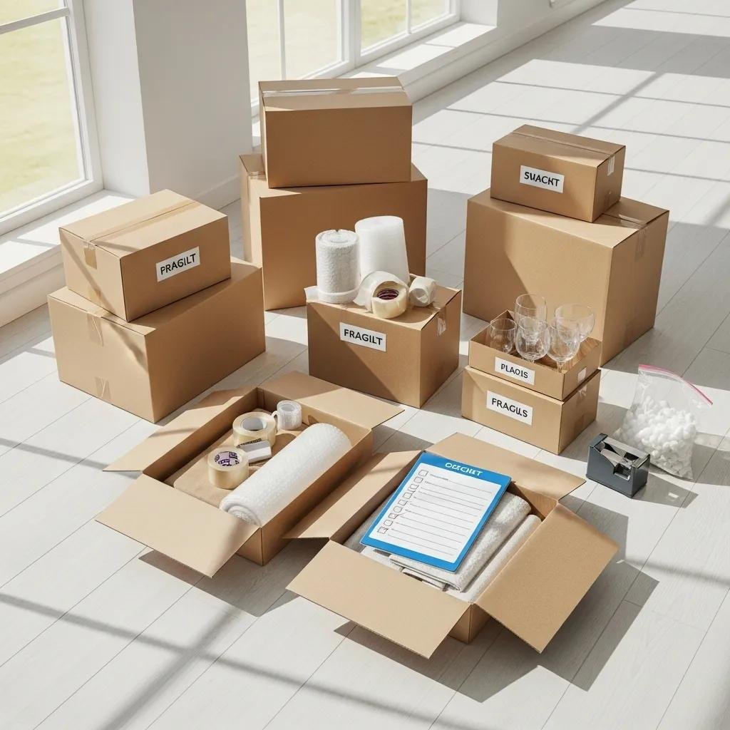 Comprehensive moving package with boxes and packing materials in a bright room