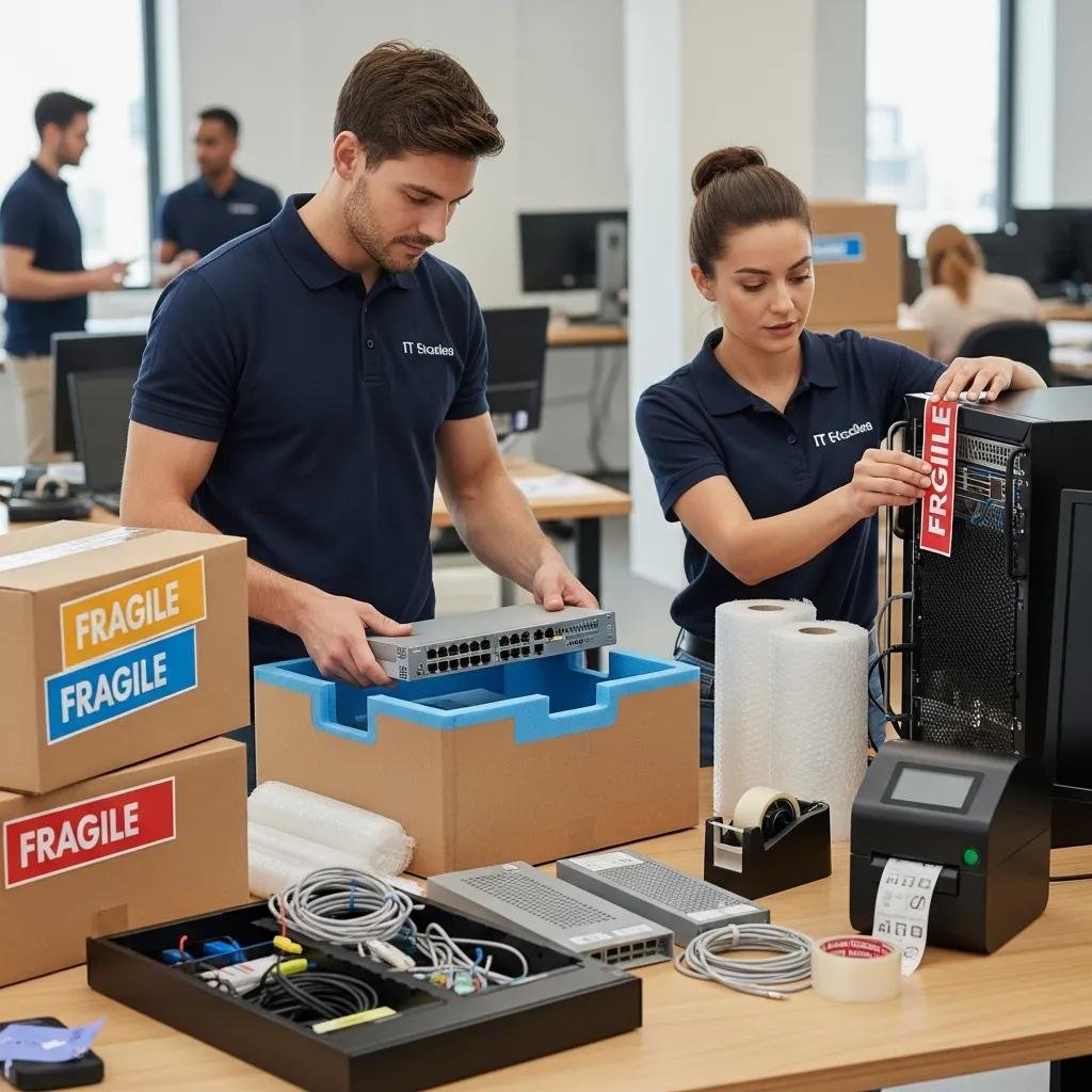 IT professionals packing and labeling computer equipment for relocation in a tech office