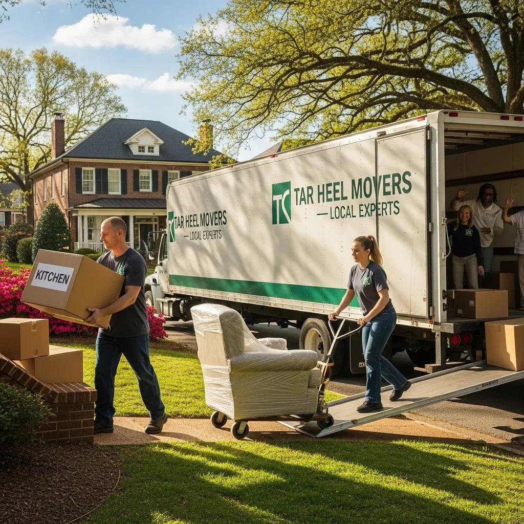 Local house movers efficiently handling boxes in a North Carolina neighborhood, emphasizing local expertise and teamwork