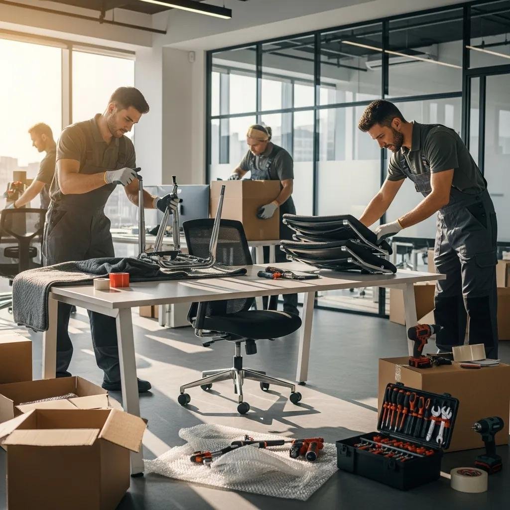 Movers disassembling and reassembling office furniture in a bright office environment