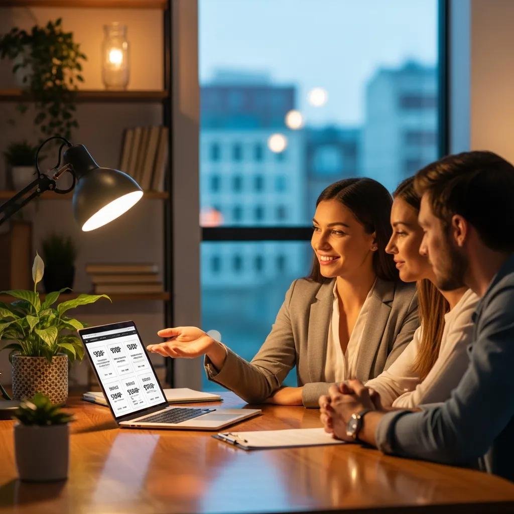 Moving consultant discussing options with a couple in a professional office setting