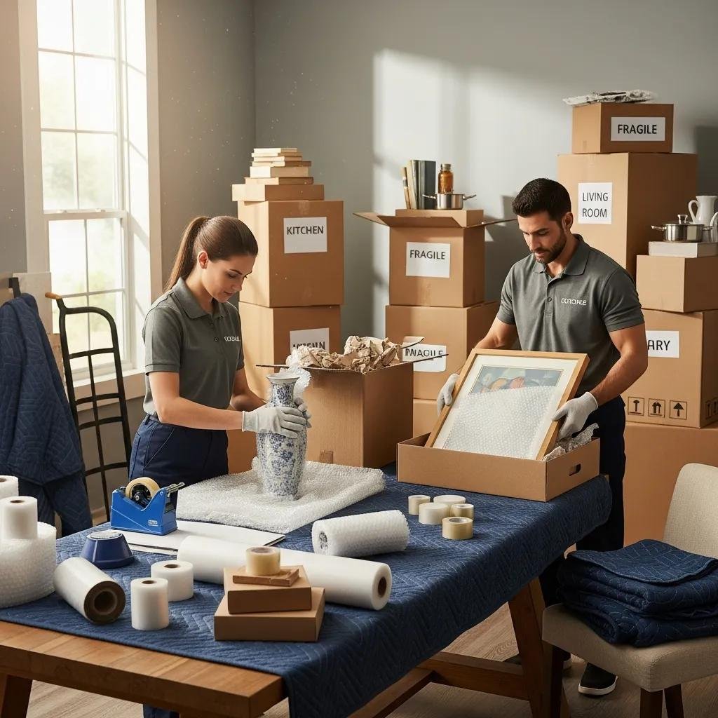 Professional packers wrapping fragile items and organizing boxes, highlighting attention to detail and quality in packing services