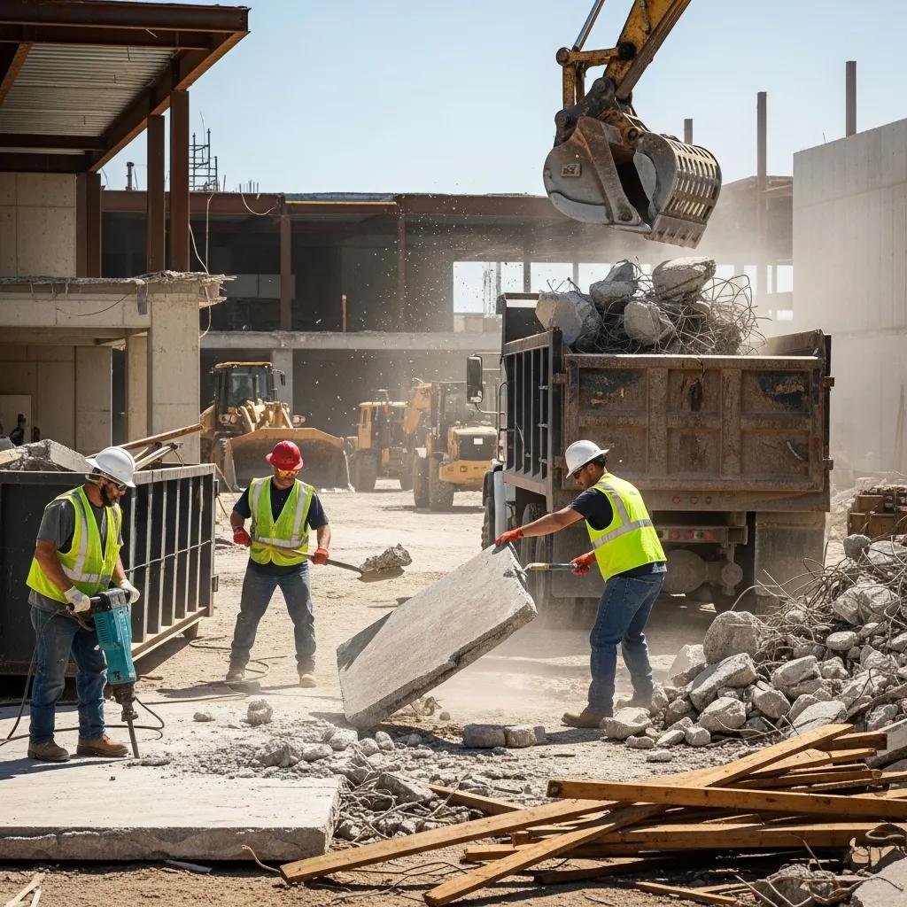 Workers removing construction debris at a busy construction site